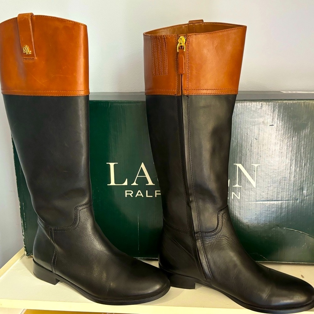 New! RALPH LAUREN Two-tone Equestian Style Leather Boots, Black/Saddle Tan, Sz 9 - Picture 5 of 7